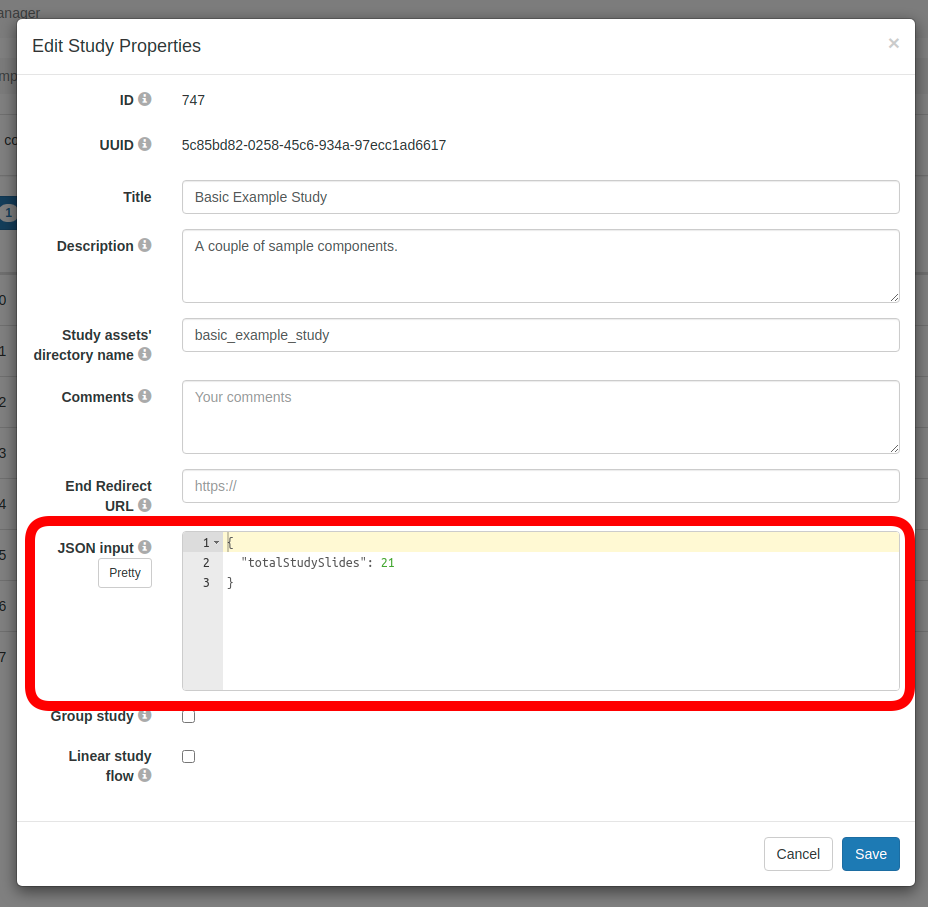 Study Properties / JSON input