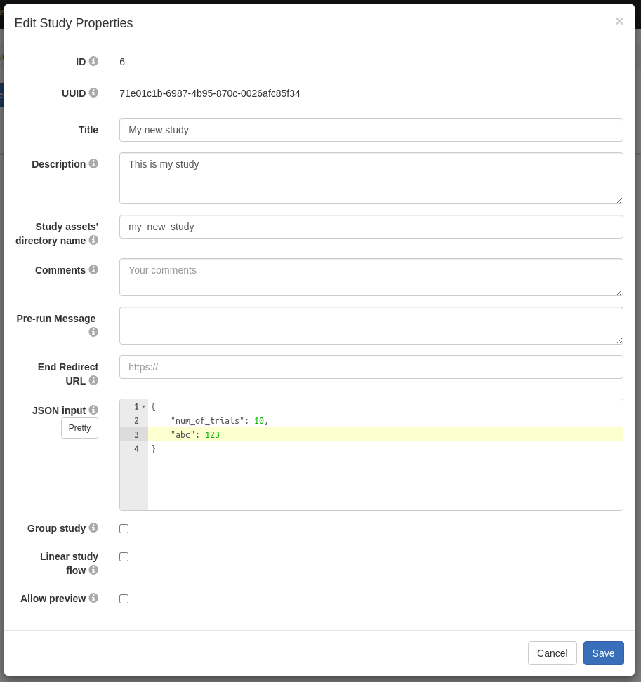 Study Properties / JSON input