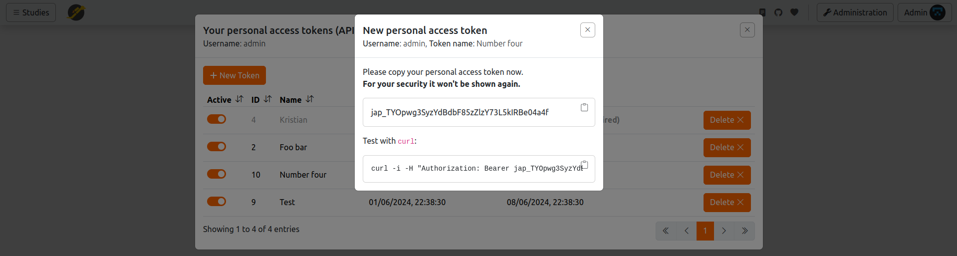 API token 1
